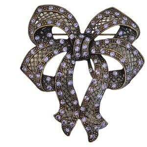 Sweet Romance Bronze Tone Purple Rhinestone Bow Brooch, Signed K354